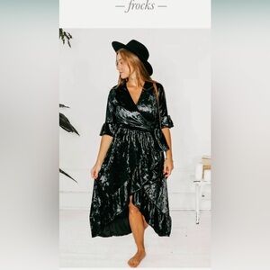 Farmhouse Frocks Crushed Velvet Wrap Dress Green Ruffle Sleeve Boho Cottagecore